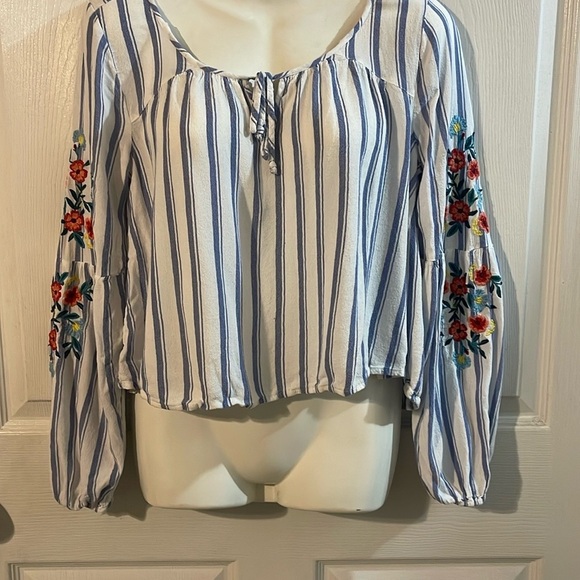 Hollister Blue and White Striped Blouse with Floral Embroidery - Picture 2 of 8